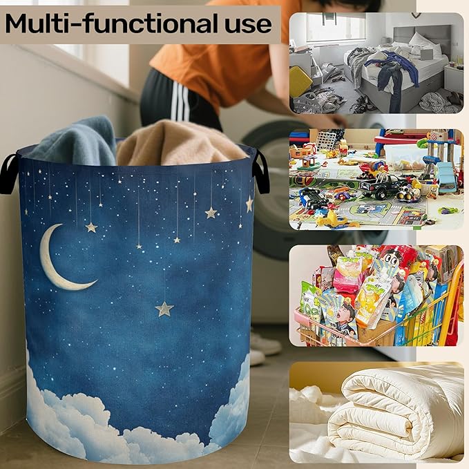 Starry Stars Moon Laundry Basket - Foldable Canvas Laundry Hamper with Handles, Heavy Duty Clothes Storage Basket for Home/Bedroom/Dorm