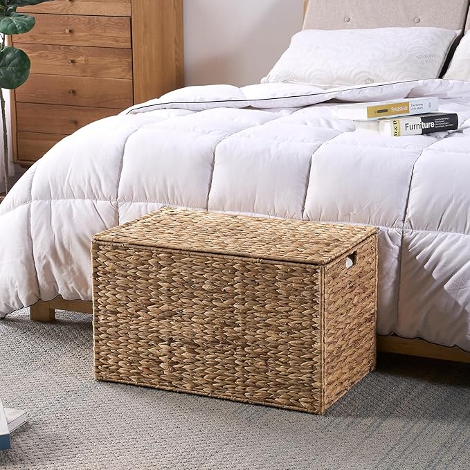Water Hyacinth Storage Basket with Lid, 52.8 Gallon (200L) Wicker Storage Trunk with Handles, Handwoven Large Wicker Storage Basket for Blanket, Foldable, for Living Room, Bedroom, Natural