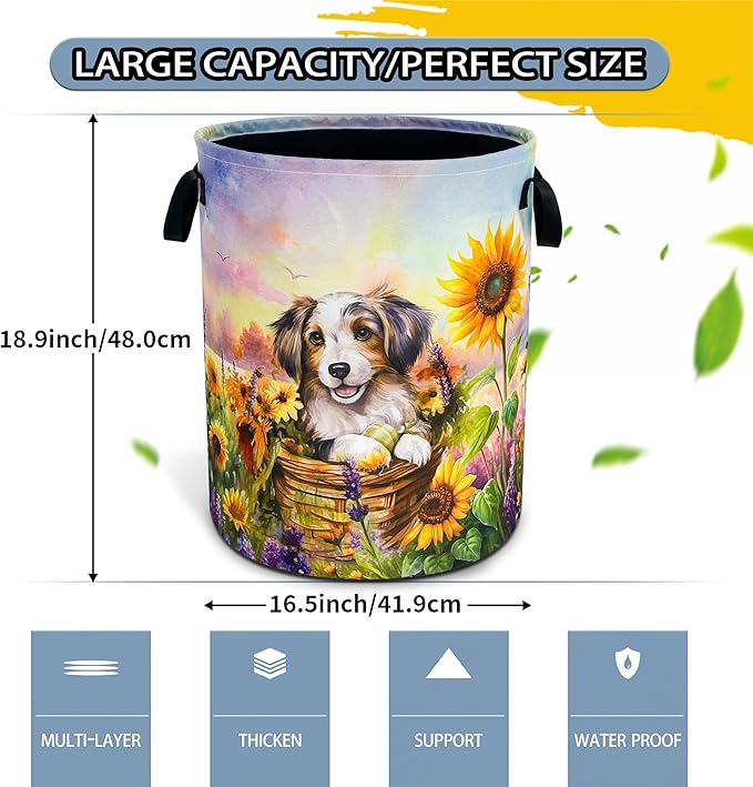 Cute Dog Laundry Basket Sunflower Flowers Foldable Waterproof Oxford Cloth Funny Tote Bag Laundry Hamper Clothes Storage Bucket Toy Organizer For Bathroom/Laundry Storage/Bedroom 18.9x16.5 Inch