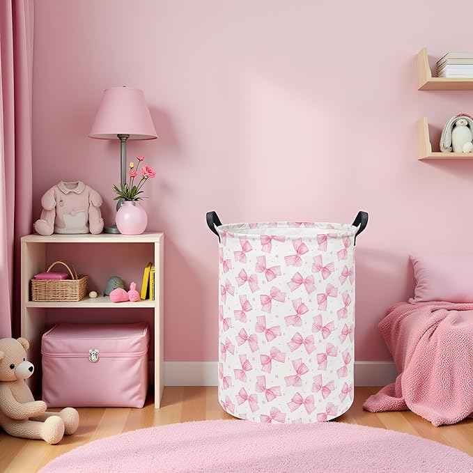 Baby Laundry Hamper kids laundry Basket Waterproof Storage Bin for Bedroom Toy Clothes Organizer Basket Woodland Animals Room Décor(Pink Bowknot)