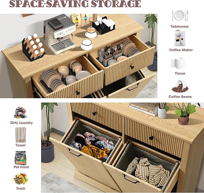 Modern Double Tilt Out Laundry Hamper Cabinet, Fluted 22 Gallon Hidden Garbage Cabinet with Storage Baskets, Wooden Trash Can Cabinets with Drawers (Natural Oak, 13"D x 39"W x 36"H (Full))
