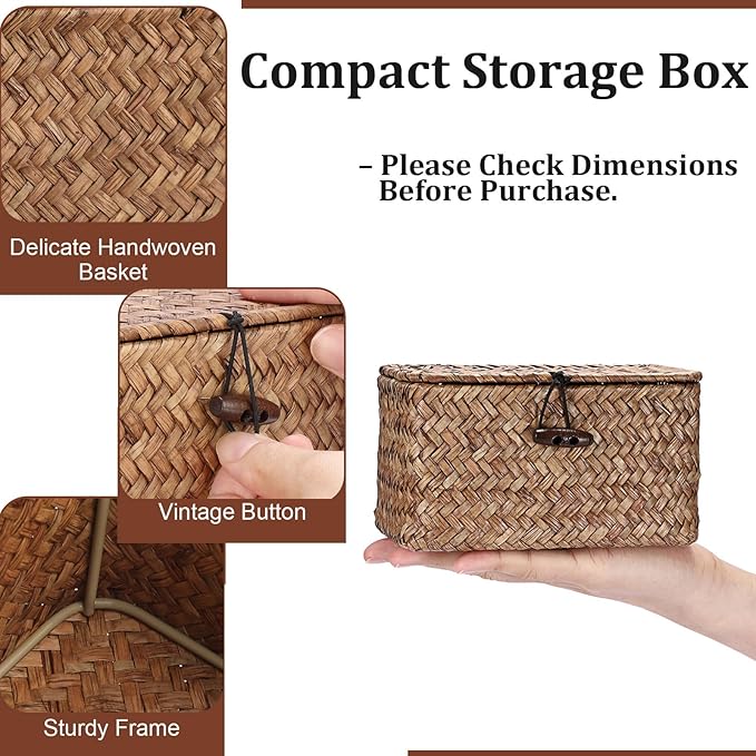 Handwoven Wicker Storage Basket Small Seagrass Box with Lid Multipurpose Table Organizer for Dental Floss Paper Clip Holder, 6.1" x 4" x 3.3"