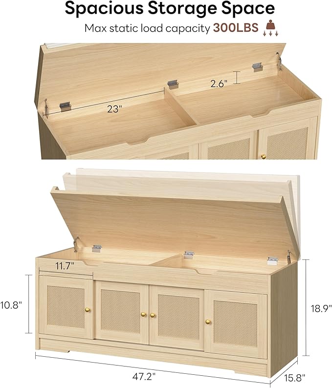 LIKIMIO 47.2" Shoe Bench with Lift Top Storage, Entryway Bench with Cushioned Seat, 2-Tier Rattan Shoe Cabinet with Adjustable Shelf, Storage Bench for Bedroom, Living Room, Hallway, Natural