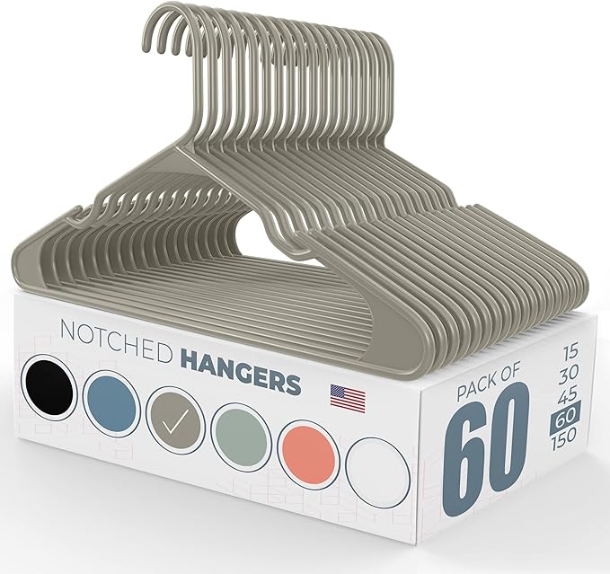 Neaties Plastic Hangers 50 Pack (60 Count) – Made in The USA – 6lb Capacity Standard Clothes Hangers with Notches and Reinforced Edges for Dresses, Lingerie, Shirts, Pants, and Jackets – Gray