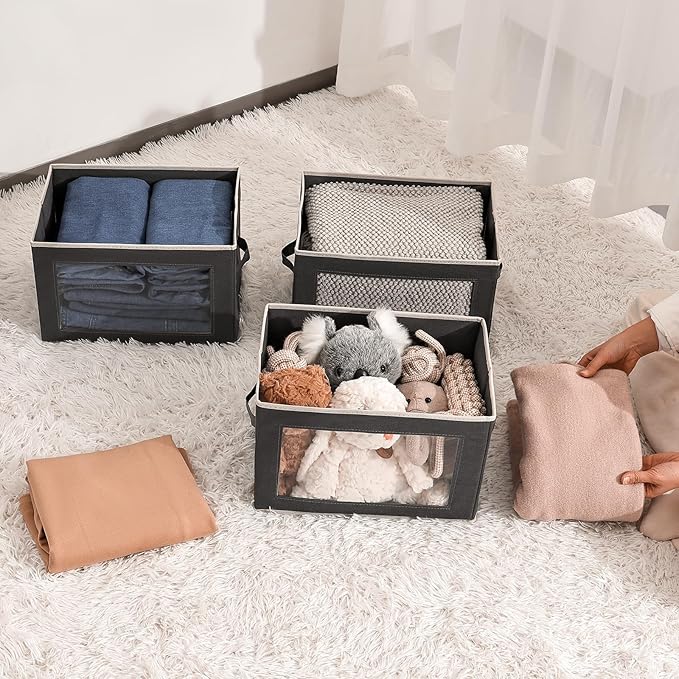 Stackable Storage Bins with Lids - Medium Storage Box with Lids, Foldable Closet Boxes for Organizing, Wardrobe Clothes Organizer with Window, Cubes Bins for Living Room, 5 Pack, Dark Grey
