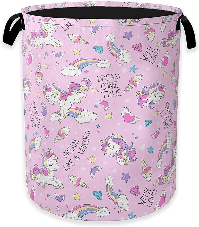 Laundry Hamper,Pink Unicorn Laundry Basket,Dreamy Rainbow Portable Collapsible Laundry Room Organization Storage for Dorm Room,Nursery,Bathroom,Bedroom,16x20 Inch