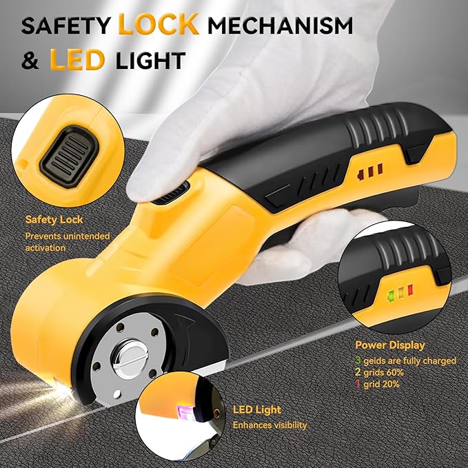 HomeBeyond High Speed Cardboard Cutter, Box Cutter Fabric Scissor with Safety Lock, LED Light & Replacement Blade, Rechargeable Cordless Electric Scissors for Cardboard, Fabric, Leather, Carpet