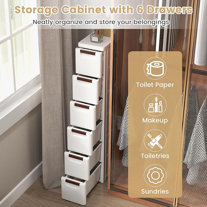 LOKO 6-Drawer Narrow Storage Cabinet, Slim Rolling Cart, Mobile Plastic Cart Container with Pull Handles, Built-in Wheels, for Living Room, Kitchen, Bathroom, Office (7.5"x16.5"x43" (6 Drawer))