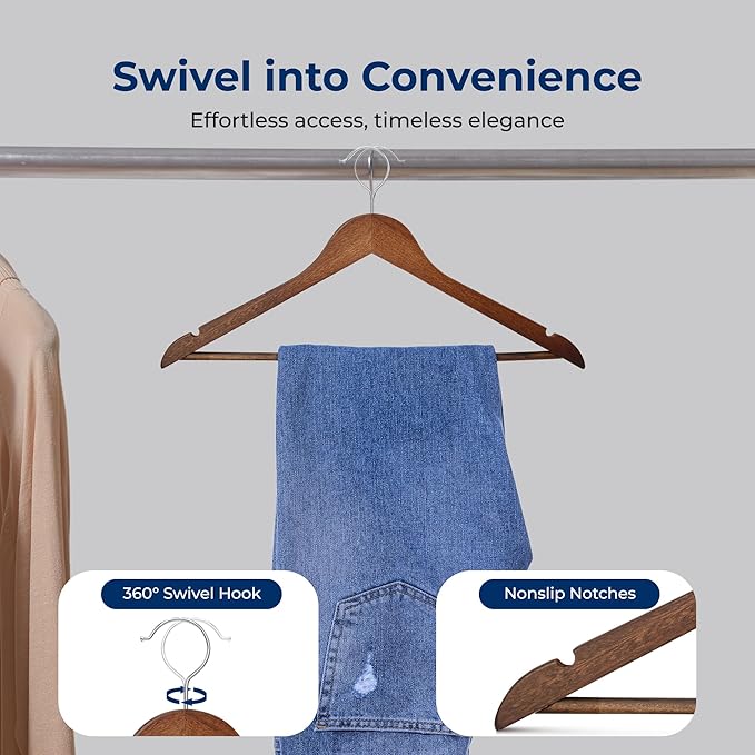 SereneLife Wooden Hangers 50 Pieces Heavy Duty Vintage Finish Clothes Hanger Set with 360° Swivel Hook Non Slip Notches Pants Bar Elegant Space Saving Wardrobe for Closet Organization