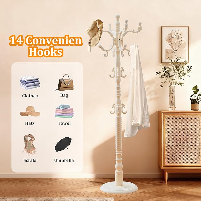 Coat Rack Stand Wood Vintage Coat Tree Freestanding with Adjustable Height 47’’-73’’, Cloth Tree Wooden Coat Freestanding for Entrance, Living Room