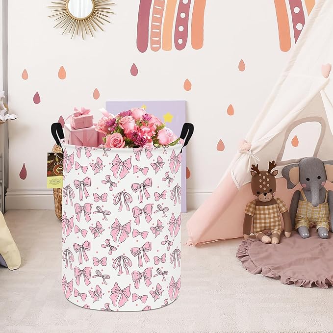 HUNRUNG Laundry Hamper,Large Canvas Fabric Lightweight Storage Basket Toy Organizer Dirty Clothes Collapsible Waterproof for College Dorms（Round-Pink Bow）