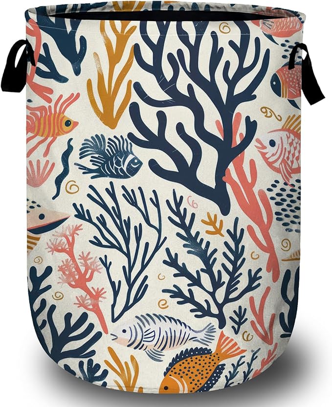 Corals and Tropical Fish Laundry Basket, Laundry Hamper Collapsible Oxford Cloth with Handle Clothes Toy Storage Bin for Bathroom Laundry Room Bedroom 15.7 X 20 Inch