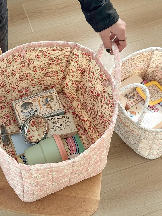 Quilted Laundry Basket Floral Storage Basket Cute Fabric Laundry Baskets Large Boho Foldable Nursery Hamper (Floral02)