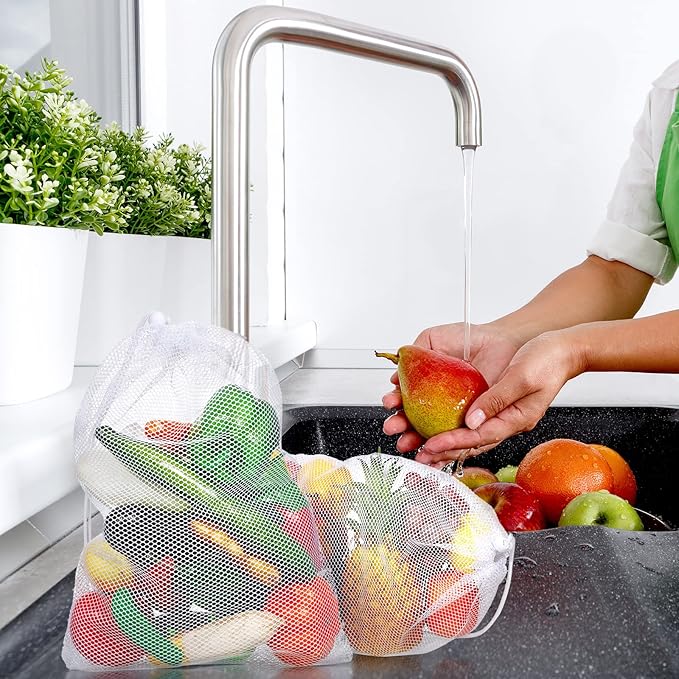 TecUnite 10 Pcs Mesh Laundry Bags with Drawstring Multicolor Mesh Sack Bag Nylon Gift Dishwasher Bag with Sliding for Storage Clothes Socks Jewelry Gifts Toys Fruit(11.8 x 7.5 Inch,White)
