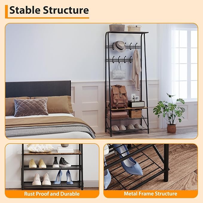 4-in-1 Entryway Organizer with 10 Double Row Hooks, Coat Rack and Shoe Storage Bench, Sturdy Metal Frame, Space-Saving Design for Living Room or Foyer, Rustic, 25.2" D x 11.4" W x 70" H