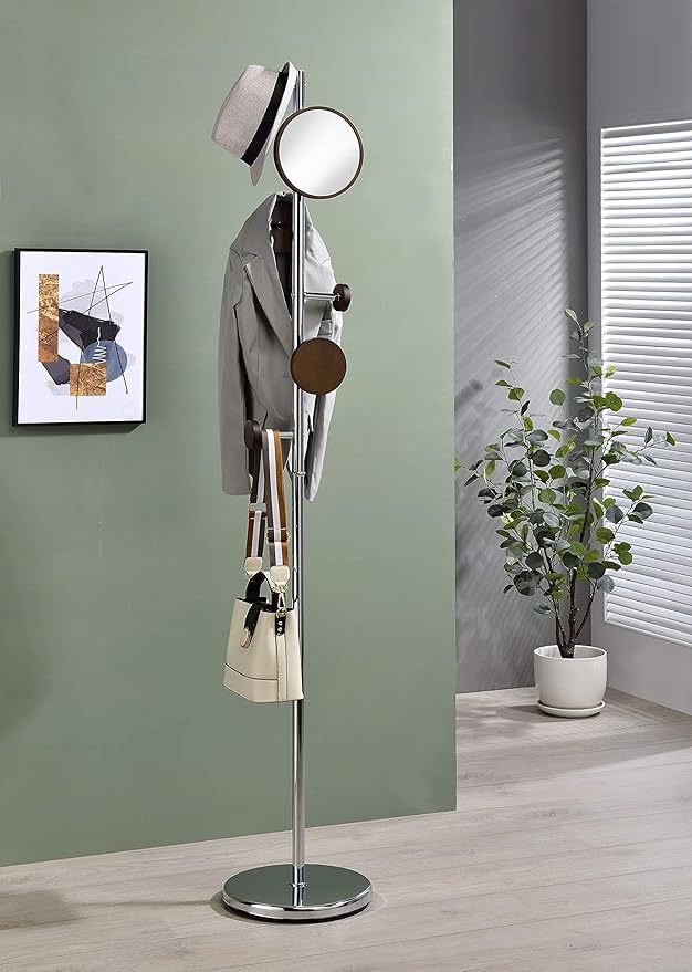Proman Products Milano Silver Metal Freestanding Coat Rack, Coat Tree with 6 Walnut Color Hooks Included a 7" Mirror for Living Room, Bedroom, Entryway, Office, mudroom