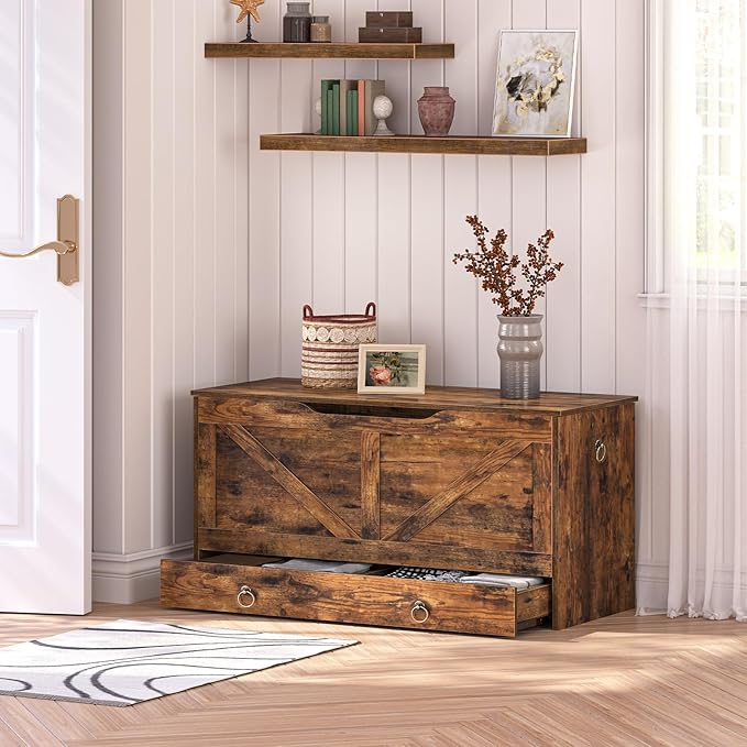 HOOBRO Storage Chest, 39.3" Toy Chest with Drawer, Wooden Storage Bench, Sturdy Entryway Bench Supports 220 lb, Shoe Bench, Safety Hinge, U-Shaped Opening, Easy Assembly, Rustic Brown FG710CW01G1