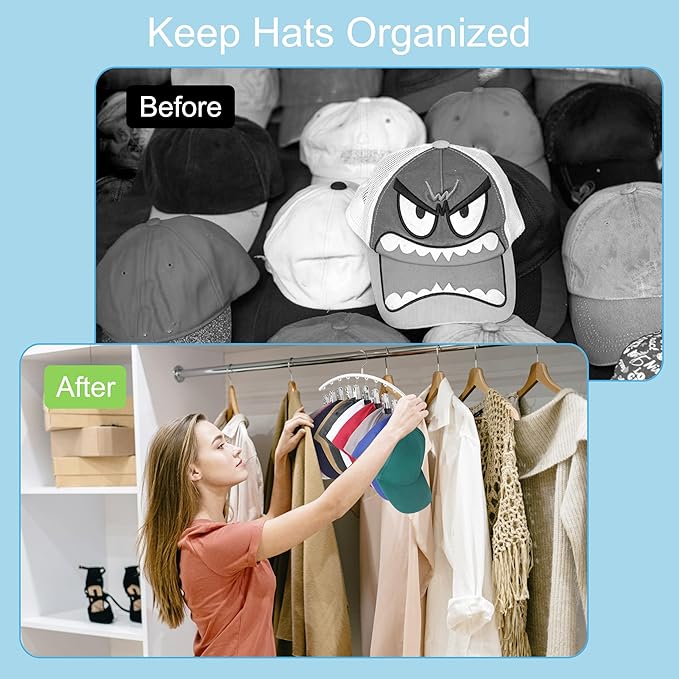 Hat Hangers for Closet, Metal 2 Pack Hat Organizer Holder for Hanger Closet Display, Hat Racks for Baseball Caps w/10 Clips, Hat Holder for Ball Caps & Accessories, for Men Women, White