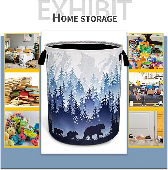 Mama Bear Laundry Basket Forest Mountains Foldable Oxford Cloth Funny Tote Bag Laundry Hamper Clothes Storage Bucket Toy Organizer For Bathroom/Laundry Storage/Bedroom 18.9x16.5 Inch