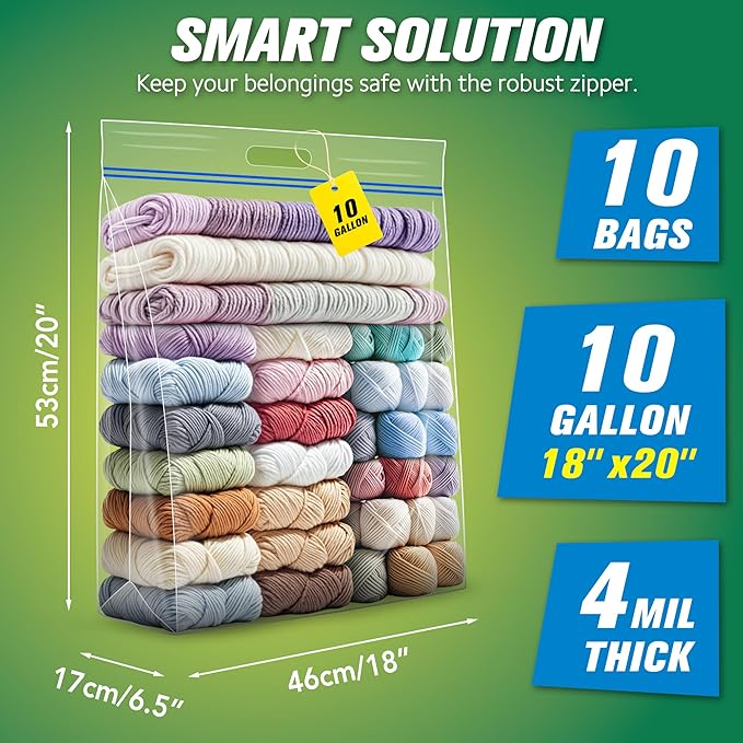 HIBAG 10 Gallon Large Storage Bags, 18” x 20” Resealable Clear Bags with Handle, Extra Large XL Heavy Duty for Clothes Pillow Travel Moving, Pack of 10