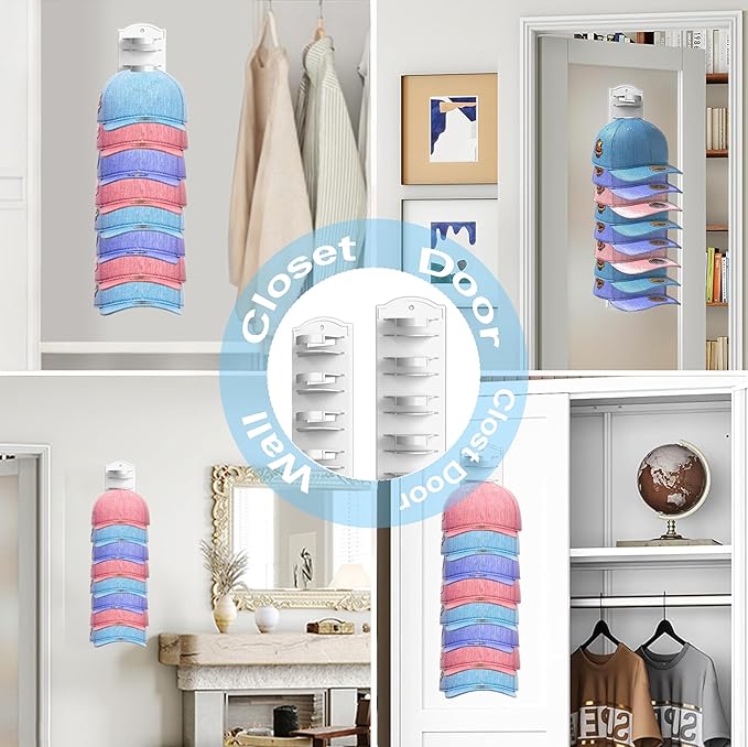 Hat Organizer for Baseball Caps on the Wall, Adhesive Hanging Hat Storage Rack, Ball Cap Hooks Display, Vertical Hat Hanger Holder for Door and Closet, Hold Up to 20 Hats, Clear, 2 Pack
