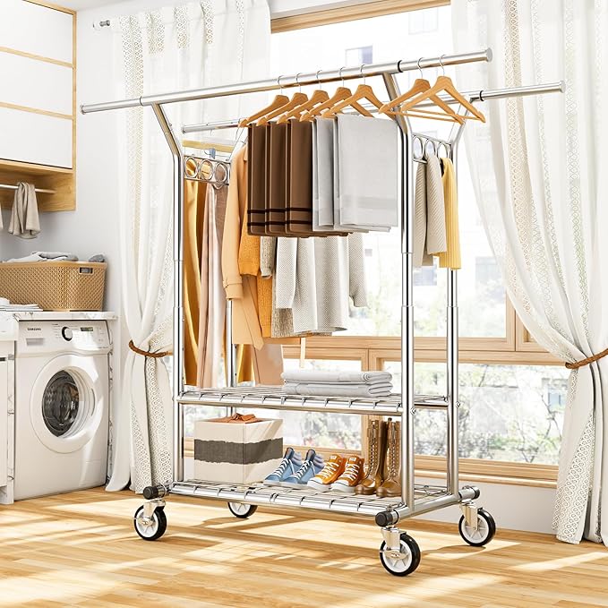 Heavy Duty Clothes Rack, Rolling Clothing Rack With Shelves Load 620 LBS, Double Rod Clothing Racks for Hanging Clothes, Portable& Adjustable Clothes Rack with Wheels Garment Rack