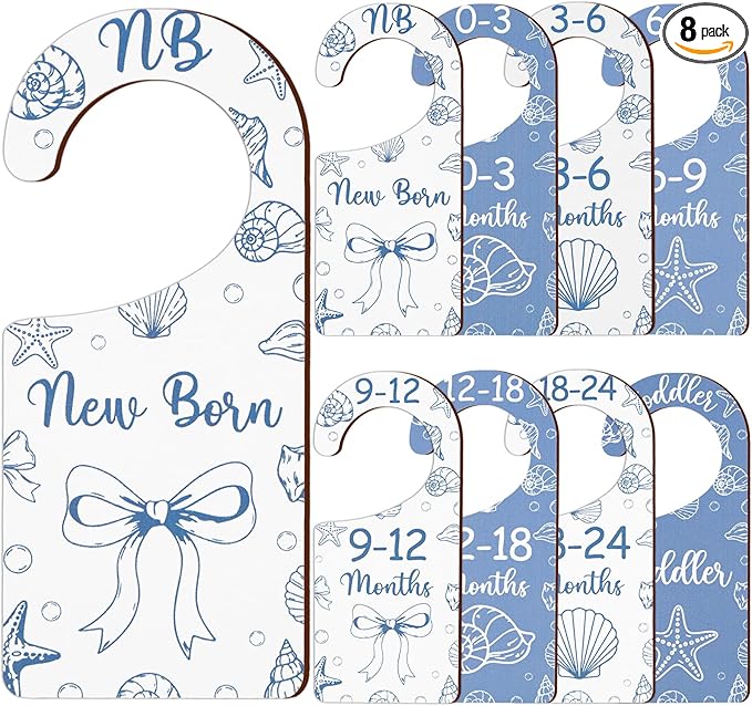 Baby Closet Dividers 8PCS, Blue Shell & Bows Themed Wooden Double-Sided Clothes Size Hanger/Organizer from Newborn to Toddler for Nursery Decor Baby Shower Birthday Party Gift