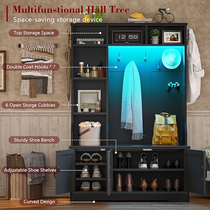 Hall Tree with Bench and Shoe Storage, Farmhouse Entryway Bench with Coat Racks and Led Lights, Black Tall Hall Tree with 7 Coat Hooks, 6 Storage Cubbies, Adjustable Shelf