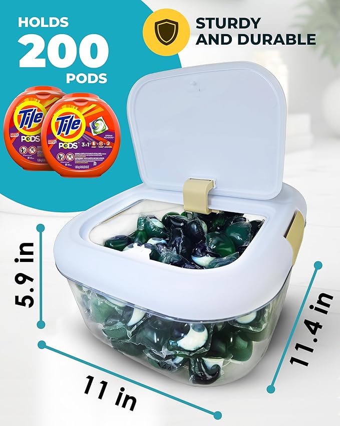 Skywin TidyFriend Laundry Pods Container with Push Up Lid, 11.4" x 11" x 5.9", Airtight Storage Keeps Pods Fresh, Laundry Detergent Container & Dishwasher Pod Holder (White)