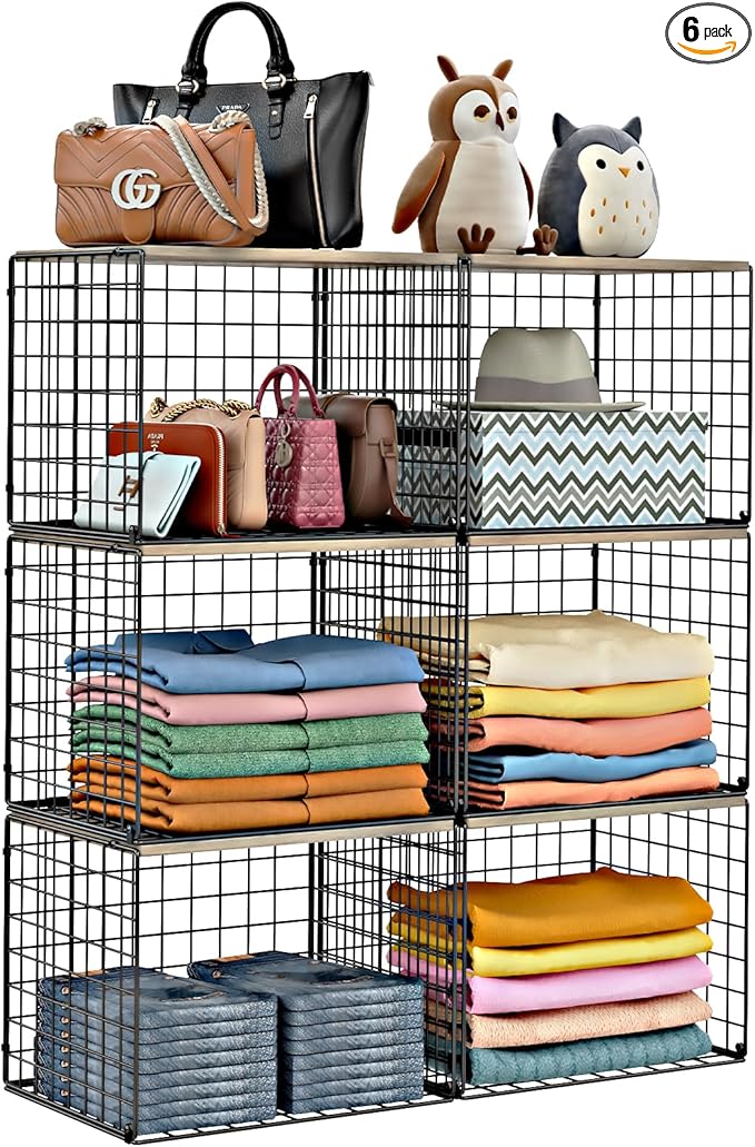 6 Pack Closet Organizers And Storage, Stackable Closet Shelf Organizer Storage Bin Basket For Clothes Sweaters With Top Board, Widened Opening, Heightened Height, Large Capacity, Sturdy, Space-saver