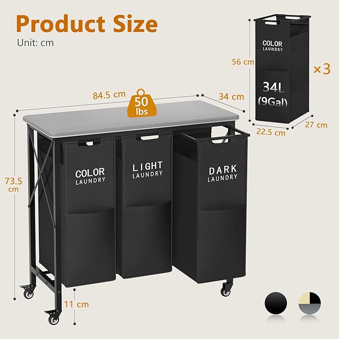 3 Section Laundry Sorter with Ironing Board, Laundry Hamper with Removable Bags, Heavy Duty Rolling Laundry Cart with Lockable Wheels for Bathroom Bedroom, black