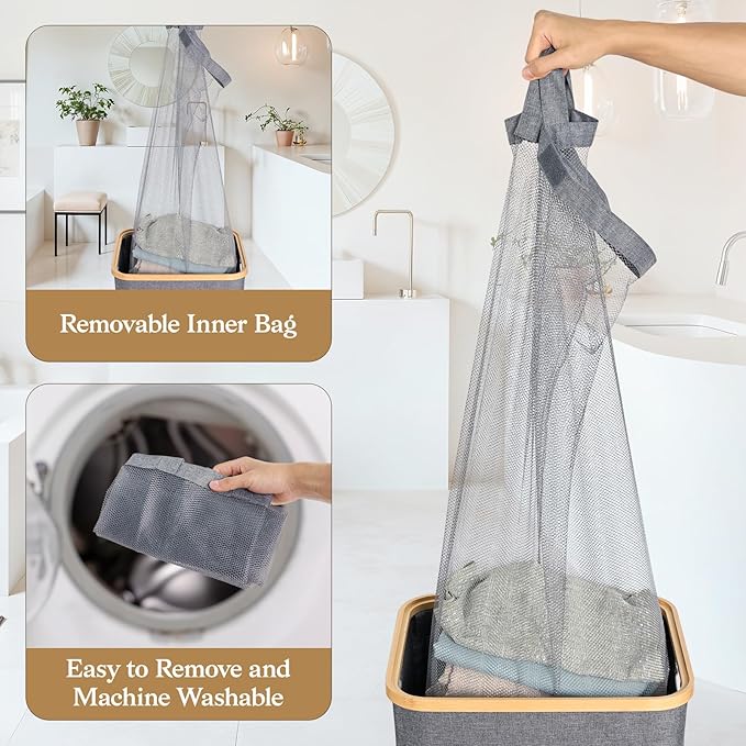 Laundry Basket with Lid, 75L Laundry Hamper with Removable Bag, Travel Dirty Clothes Basket with Bamboo Handles for Bathroom, Bedroom & Laundry Room, Grey