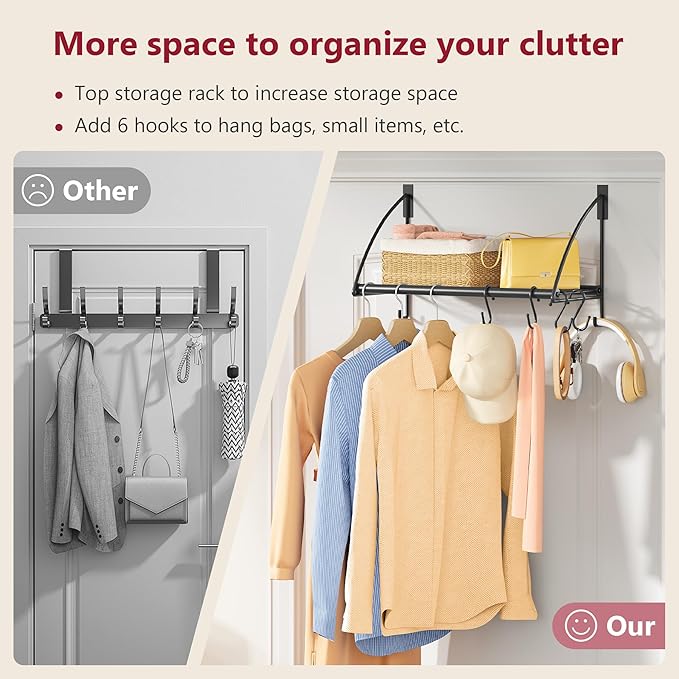 Tajsoon Over The Door Hanger with Storage Rack and 6 Hooks, Over The Door Clothes Racks for Hanging Coat, Door Rack Hanger for Bathroom, Bedroom, Living Room, Black