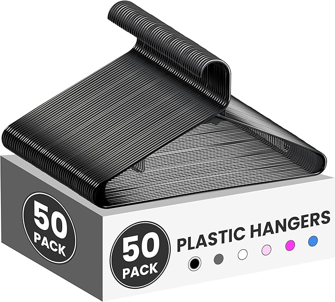 Simple Deluxe Plastic Hangers with Hooks 50 Pack, Durable & Space Saving Clothes Hangers with Non-Slip Hooks for Shirts, Coats, Dress, Black