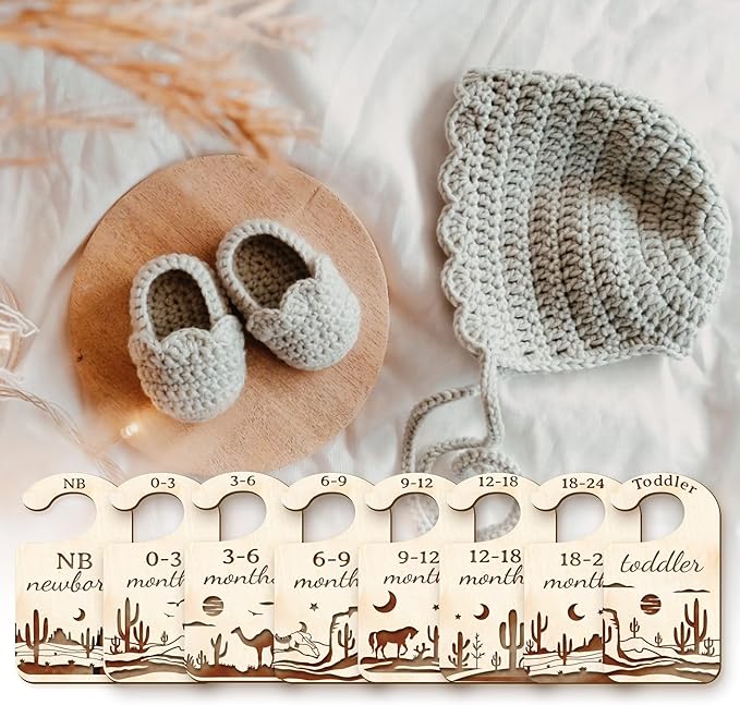 CRASPIRE 10Pcs Desert Wood Baby Wardrobe Dividers Nursery Decor from Newborn to 36 Month Closet Organizers Camel Pattern Hanger Seperaters Baby Nursery Wardrobe Hangers Divider for Newborn Shower