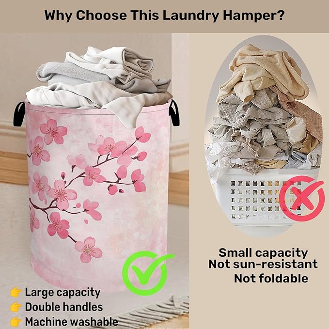 Pink Cherry Blossoms Laundry Basket - Extra Large Foldable Laundry Hamper for Bathroom/Laundry/Bedroom/Dorm, Washable Fabric Storage Bin with Handles