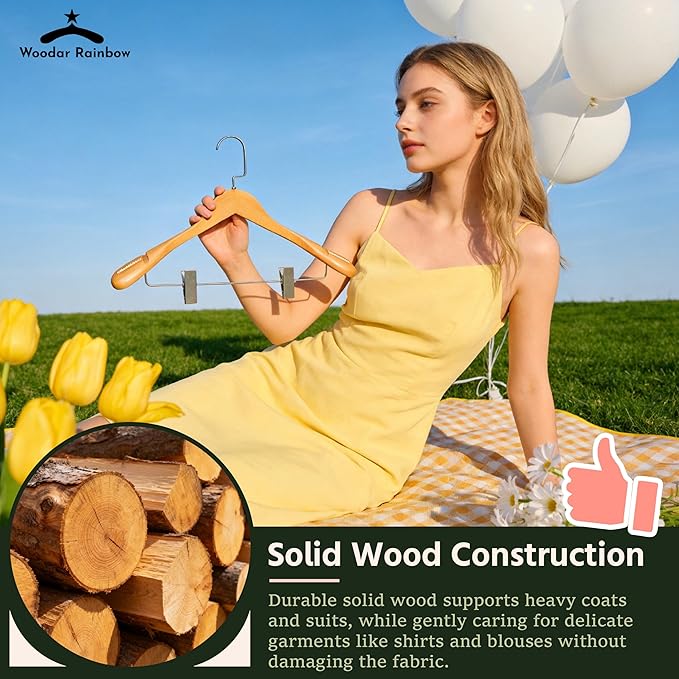 Luxury Wide Shoulder Wooden Coat Hangers with Pants Bar, Clips, Solid Wood Jacket Clothes Hangers Smooth Finish for Sweater Suit Dress Pants Sport Coats (Natural, 6 Pack)