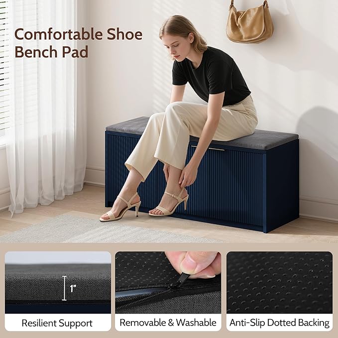 2-Tier Shoe Storage Bench with 3 Doors & Adjustable Shelf, Removable Washable Padded Seat Cushion, 41.3" Entryway Storage Cabinet for Living Room, Bedroom – Navy Blue Modern Design