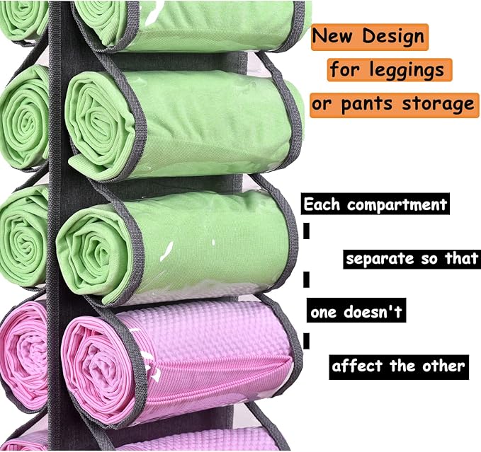 Legging Storage Bag Storage Hanger Can Holds 24 Leggings or Shirts Jeans Compartment Storage Hanger, Foldable Leggings Organizer Clothes Portable Closets Roll Holder(Grey)