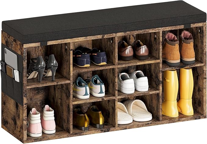 IDEALHOUSE Shoe Storage Bench with Cushion, 10 Cubbies Storage Rack Bench with Padded Seat, 41" Cubby Seat Shoe Cabinet with Adjustable Shelf for Entryway Hallway Living Room, Rustic Brown