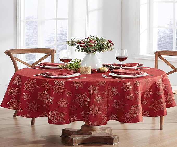 Newbridge Fancy Metallic Snowflake Christmas Fabric Tablecloth, 60 x 84 Inch Oval, Red Gold, No-Iron Soil Resistant Sparkling Snowflakes Woven Holiday Table Cover