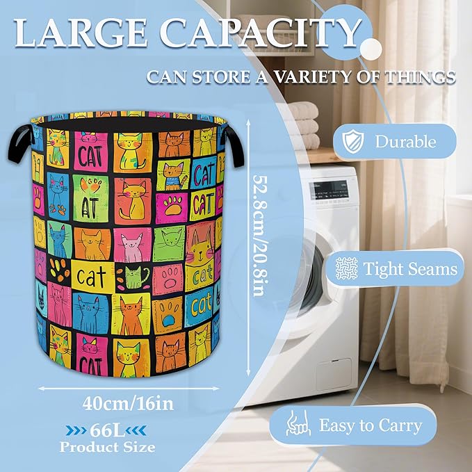 Cute Colorful Cat Laundry Basket Collapsible Laundry Hamper, Oxford Cloth Storage Bin for Room/Bathroom/Bedroom/Dormitories 16" X 20.8"