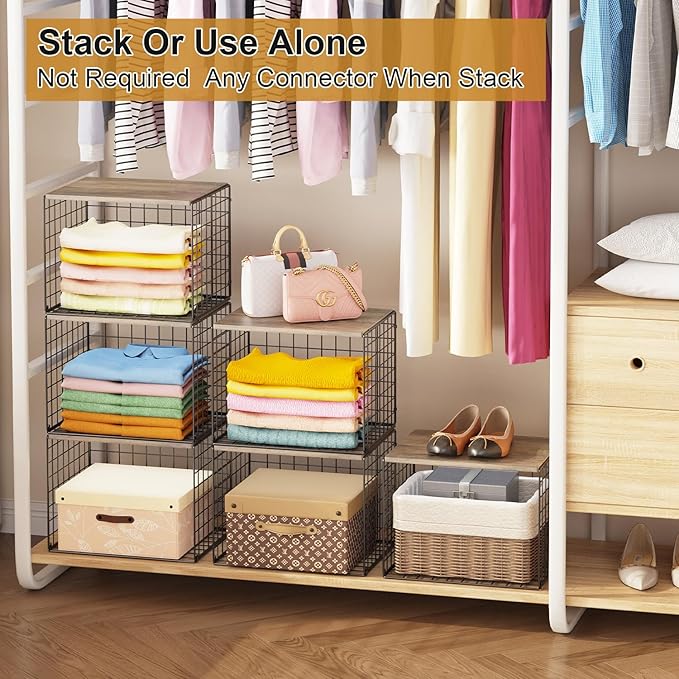 6 Pack Closet Organizers And Storage, Stackable Closet Shelf Organizer Storage Bin Basket For Clothes Sweaters With Top Board, Widened Opening, Heightened Height, Large Capacity, Sturdy, Space-saver