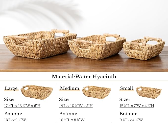 StorageWorks Hand-Woven Storage Baskets with Wooden Handles, Water Hyacinth Wicker Baskets for Organizing, 2 Pack