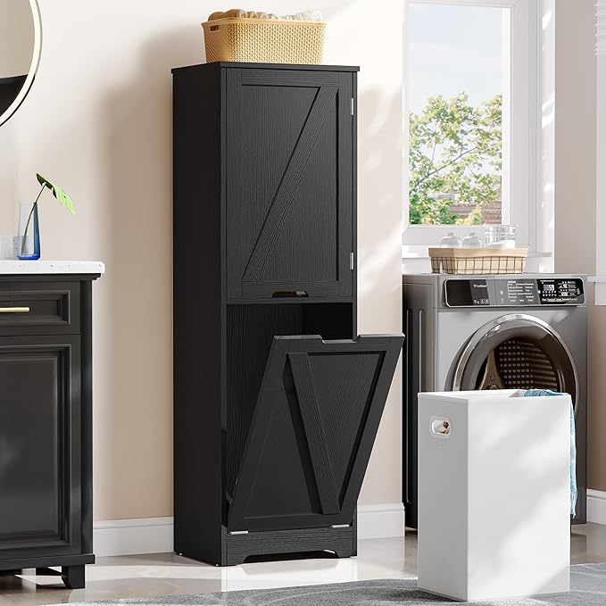 DWVO Tilt Out Laundry Hamper - 53" Tall Bathroom Storage Cabinet Laundry Cabinet with Adjustable Shelves and Clothes Basket, Laundry Hamper Shelf for Laundry Room Bathroom Organizer, Black