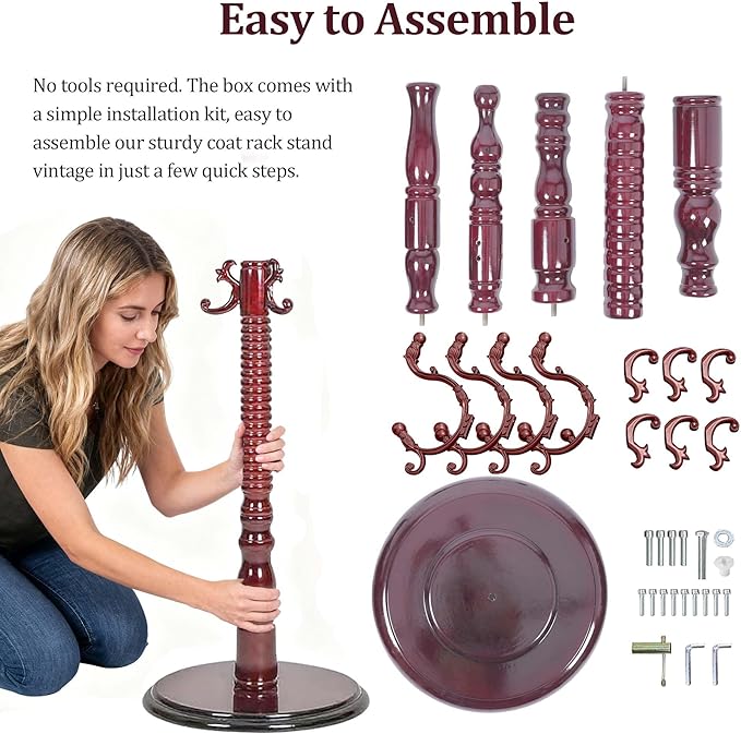 73" Wooden Coat Rack Freestanding, Coat Rack Stand With 18 Hooks And Round Solid Wood Base，Adjustable Height, Easy To Assemble For Entrance Hallway Office Living Room Bedroom