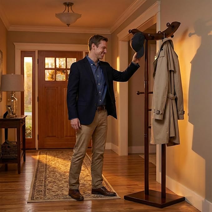 Classic Entryway Coat Rack, 67" Freestanding Wooden Hall Tree Garment Organizer with 12 Hooks, Elegant Ladder Style Hat Stand, Non Toppling Square Base, for Entryway, Bedroom, Office, Brown