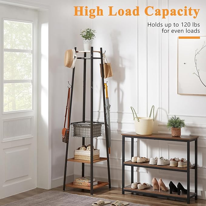 VECELO Coat Rack Freestanding,Hall Tree with Metal Basket and Storage Shelves,Industrial Coat Rack Stand with 8 Hooks for Hanging Coats/Hats/Bags/Umbrellas,18 x 18 x 72 In,Vintage Brown