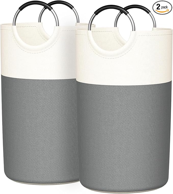2 Pack 90L Laundry Hamper Large Collapsible Laundry Baskets, Tall Foldable Sturdy Dirty Clothes Hamper with Aluminum Soft Handles for Laundry Room College Dorm Bathroom Bedroom(Grey)