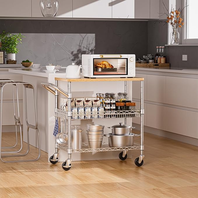 NTE Rolling Kitchen Carts on Wheels, 650Lbs Capacity 3 Tier Utility Cart with Wood Tabletop, Kitchen Storage Cart with 8 Hooks, Metal Serving Cart with Handle and Shelf Liners for Kitchen, Restaurant